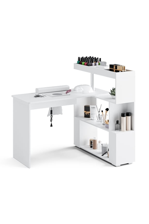 Manicure Table Nail Desk with Dust Collector, L-Shaped Nail Tech Desk with Storage Shelf, Rotating Reversible Beauty Nail Salon Station for Salon & Home Use, White