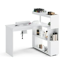 Advwin Manicure Table Nail Desk with Dust Collector, L-Shaped Nail Tech Desk with Storage Shelf, Rotating Reversible Beauty Nail Salon Station for Salon & Home Use, White