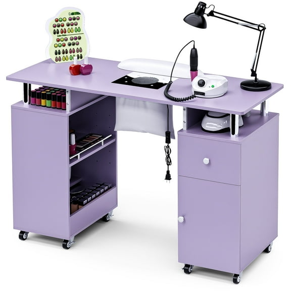 Advwin Manicure Table Nail Desk for Nail Tech with Dust Collector, Wrist Rest, Lockable Wheels, UV Gel Compartment, Storage Cabinet for Home & Salon, Purple