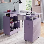 Advwin Manicure Table Nail Desk for Nail Tech with Dust Collector, Wrist Rest, Lockable Wheels, UV Gel Compartment, Storage Cabinet for Home & Salon, Purple