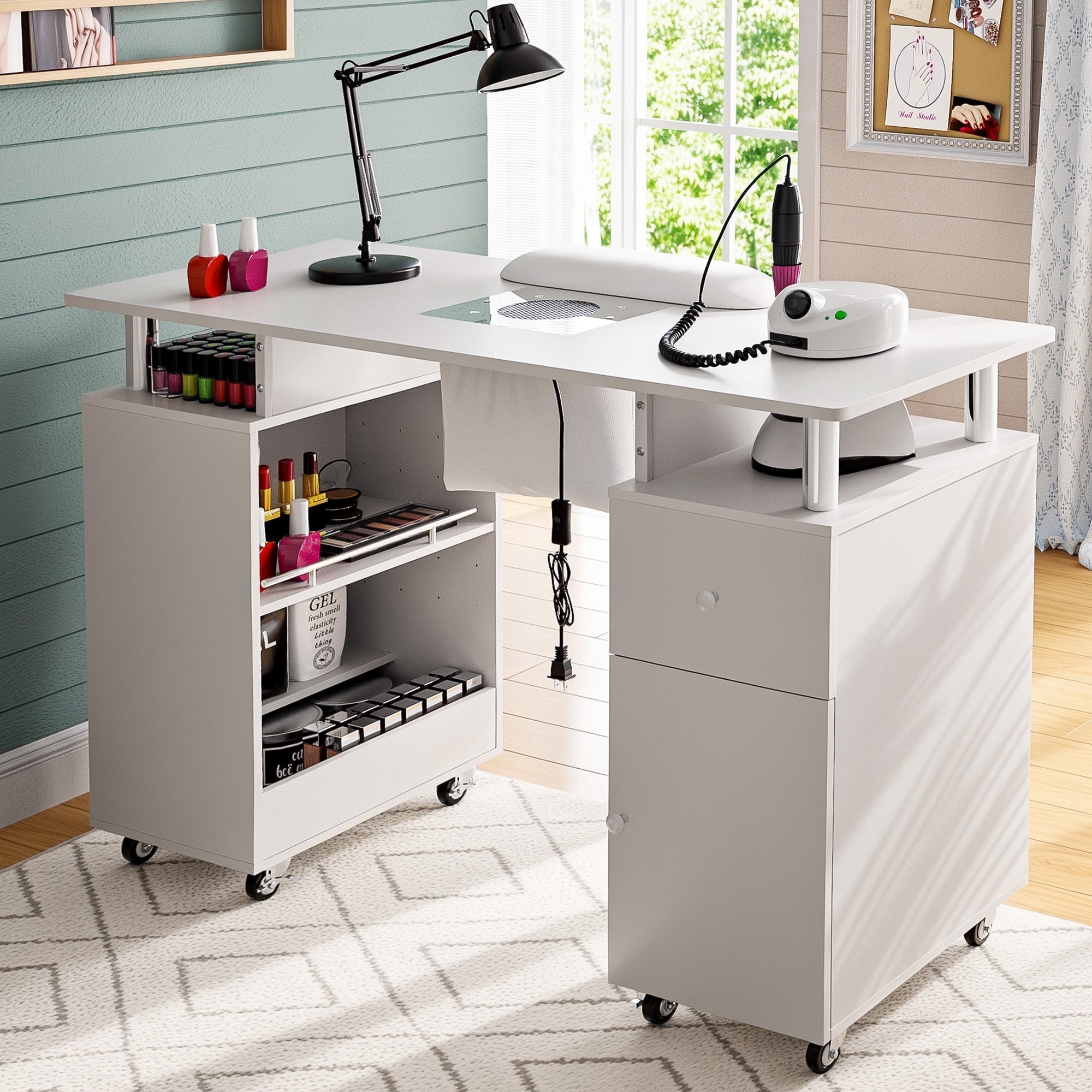 Advwin Manicure Table Nail Desk for Nail Tech with Dust Collector, Wrist Rest, Lockable Wheels, UV Gel Compartment, Storage Cabinet for Home & Salon, White