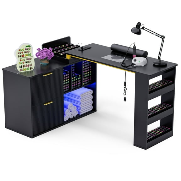 Advwin Manicure Table Nail Desk with RGB Light, L-Shaped Nail Tech Table w/ Dust Collector, Power Outlets & Sliding Door, Length Adjustable Corner Nail Station for Home Spa Beauty Salon, Black