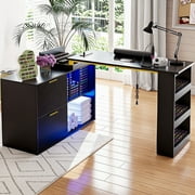 Advwin Manicure Table Nail Desk with RGB Light, L-Shaped Nail Tech Table w/ Dust Collector, Power Outlets & Sliding Door, Length Adjustable Corner Nail Station for Home Spa Beauty Salon, Black