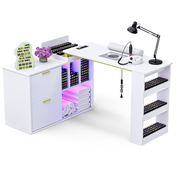 Advwin Manicure Table Nail Desk with RGB Light, L-Shaped Nail Tech Table w/ Dust Collector, Power Outlets & Sliding Door, Length Adjustable Corner Nail Station for Home Spa Beauty Salon, White