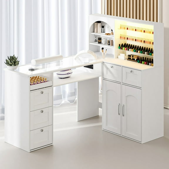 Advwin Manicure Table Nail Tech Desk w/ LED Display Shelf, L-Shaped Glass Top Nail Station w/ USB Ports, Cabinet, Drawer, Wrist Rest, Professional Salon Manicure Workstation, White