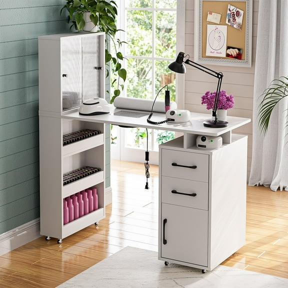 Advwin Manicure Table Nail Desk for Nail Tech with Wrist Cushion, Lockable Wheels, Electric Downdraft Vent, Storage Cabinet & Shelves, White