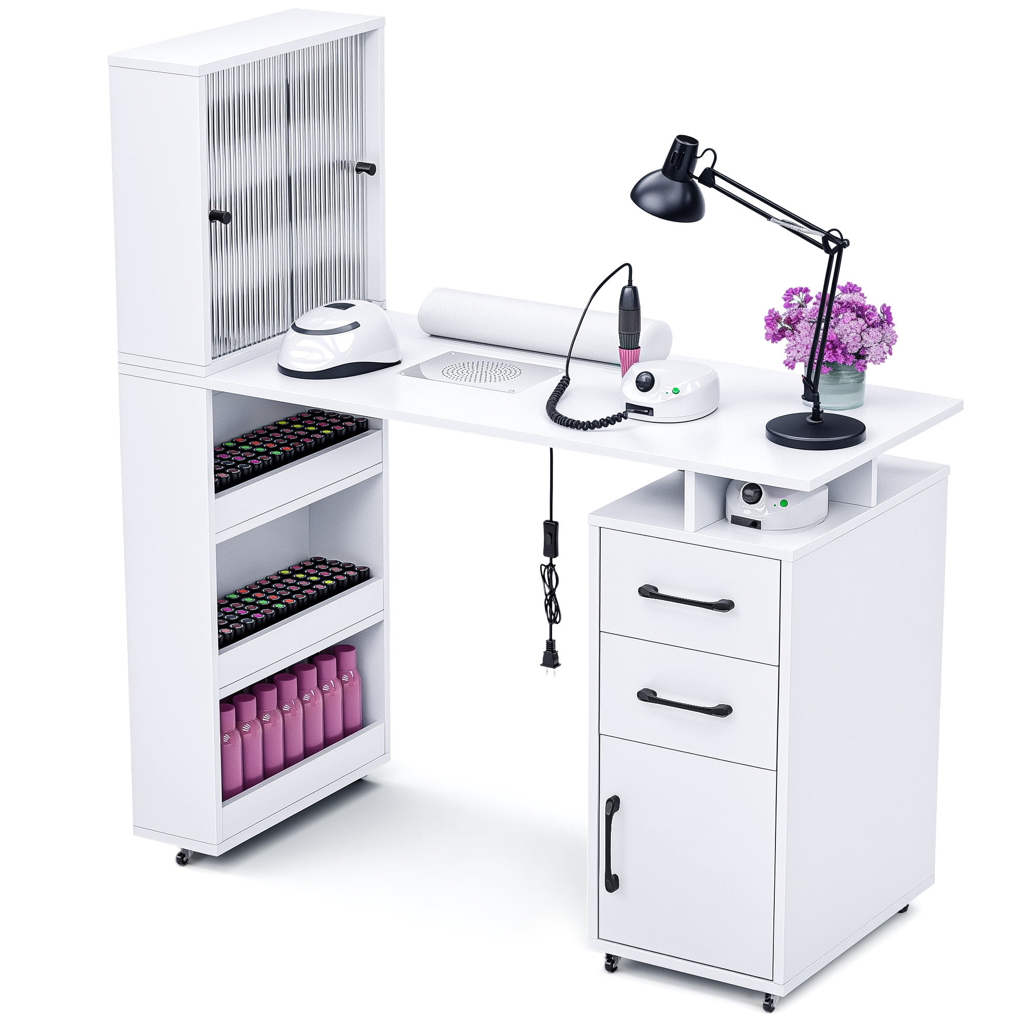Advwin Manicure Table Nail Desk for Nail Tech with Wrist Cushion, Lockable Wheels, Electric Downdraft Vent, Storage Cabinet & Shelves, White