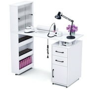 Advwin Manicure Table Nail Desk for Nail Tech with Wrist Cushion, Lockable Wheels, Electric Downdraft Vent, Storage Cabinet & Shelves, White