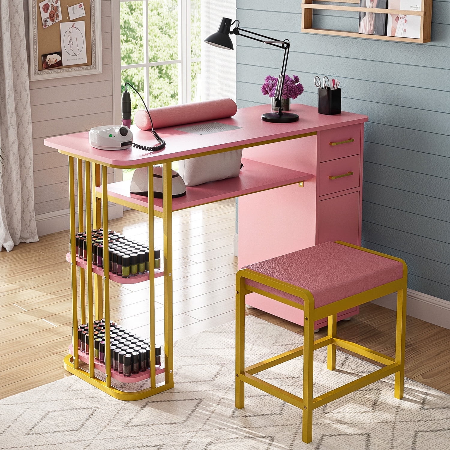 Pink Manicure Table with Storage Drawers and Dust Collector