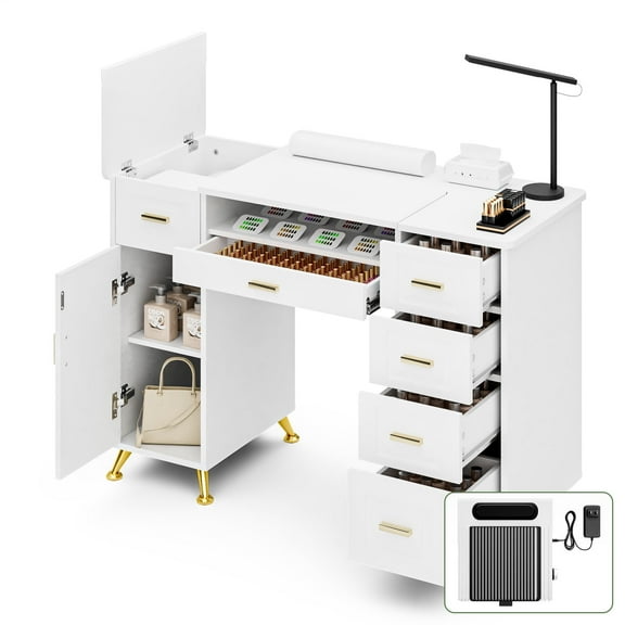 Advwin Manicure Table with Removable Panel, Nail Tech Desk with Dust Collector, Drawers & Storage Cabinet, Professional Nail Station for Salon or Home Studio, White