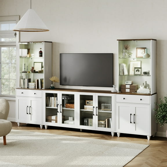 Advwin Modern Entertainment Center Wall Unit with Glass Display Cabinets & LED Lights, 3-Piece TV Stand Set for Up to 70" TVs, Tempered Glass Doors, Storage Shelves & Drawers for Living Room