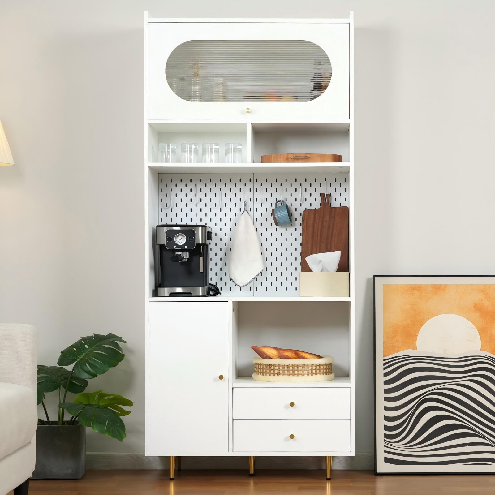 Advwin Modern Kitchen Pantry with Microwave Hutch, Kitchen