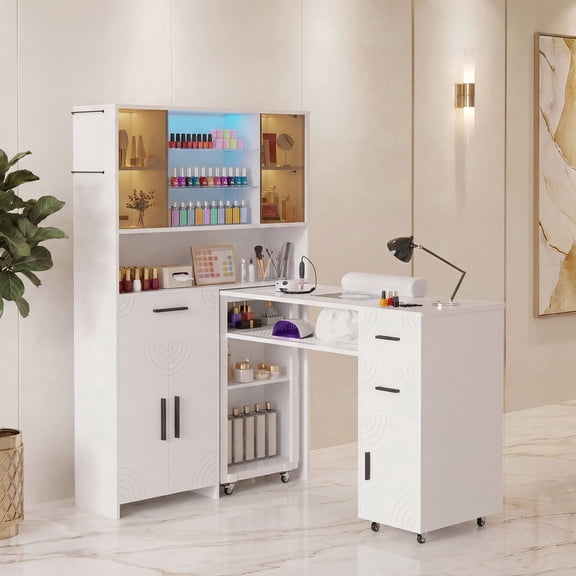 Advwin Mobile Manicure Table with Dust Collector, Modern Nail Station with LED Display Cabinet, L-Shaped Nail Tech Desk with Lockable Wheels & Large Storage for Salon/Home Studio, White