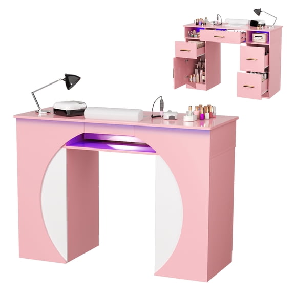 Advwin Modern Manicure Table with Dust Collector & LED Lights, Nail Tech Desk with Storage Drawers & Wrist Rest, Curved Color-Block Nail Salon Workstation for Home, Beauty Studio, Pink and White