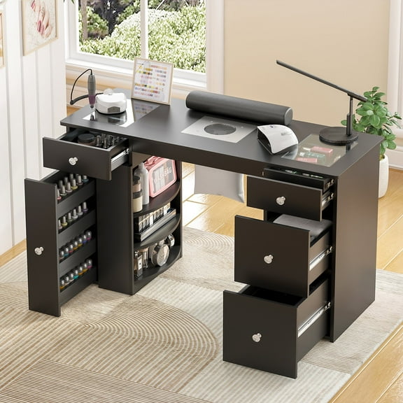 Advwin Modern Manicure Table with Dust Collector, Wrist Rest, Glass Top, Visible Drawers & Shelves, Acetone-Resistant Nail Desk Beauty Salon Workstation, Black