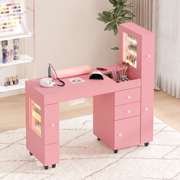 Advwin Modern Manicure Table with RGB Light Display Cabinets, Built-in Dust Collector, Lockable Wheels, Wrist Rest & Ample Storage, Beauty Nail Salon Home Workstation, Pink
