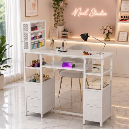 Advwin Modern Manicure Table with 3-Tier Nail Polish Rack, 4 Drawers & Open Storage Shelves, Reversible Nail Desk for Nail Tech, Professional Nail Station for Salon, Beauty, Spa & Home Studio, White