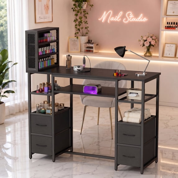 Advwin Modern Manicure Table with 3-Tier Nail Polish Rack, 4 Drawers & Open Storage Shelves, Reversible Nail Desk for Nail Tech, Professional Nail Station for Salon, Beauty, Spa & Home Studio, Black
