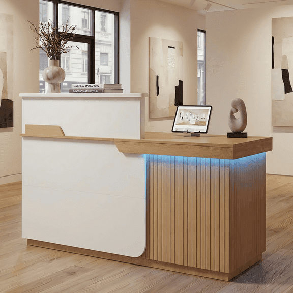 Advwin Modern Reception Desk with LED Light, 63" Fluted Front Desk with Lockable Drawer, Cabinet & Sliding Tray, Large Reception Counter Table for Office Lobby Nail Salon Clinic, White+Natural Wood