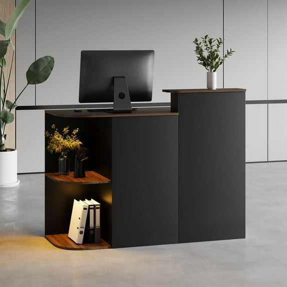 Advwin Modern Reception Desk with LED Light, Power Outlets, Lockable Drawer & Storage Shelves, Front Desk Counter Table for Office, Lobby, Spa, Nail Salon, Black & Walnut