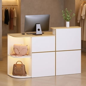 Advwin Modern Reception Desk with LED Light, Power Outlets, Lockable Drawer & Storage Shelves, Front Desk Counter Table for Office, Lobby, Spa, Nail Salon, White & Wood