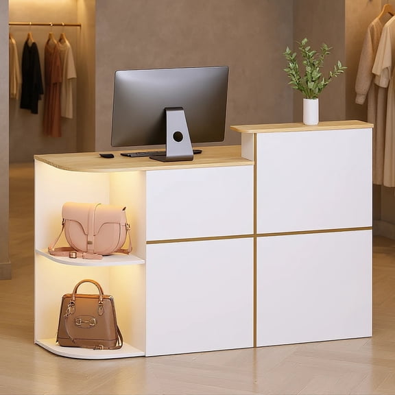 Advwin Modern Reception Desk with LED Light, Power Outlets, Lockable Drawer & Storage Shelves, Front Desk Counter Table for Office, Lobby, Spa, Nail Salon, White & Wood