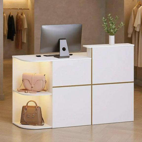 Advwin Modern Reception Desk with LED Light, Power Outlets, Lockable Drawer & Storage Shelves, Front Desk Counter Table for Office, Lobby, Spa, Nail Salon, White