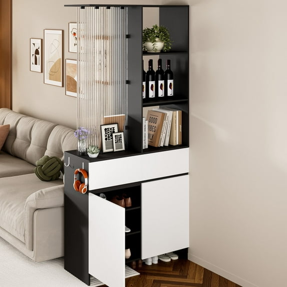 Advwin Modern Room Divider Storage Cabinet with Ripple Glass Panel, Display Shelves, Drawers & Magazine Racks, Freestanding Shoe Organizer for Entryway, Dining Room, Living Room, Black+White