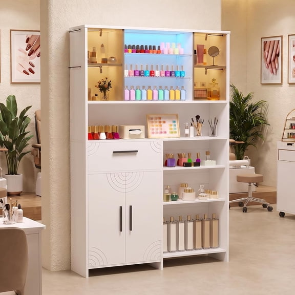 Advwin Nail Salon Storage Cabinet with LED Lights, 3 Adjustable Shelves, Sliding Mirror & Amber Glass Doors, Large Nail Polish Display Cabinet with Drawer for Nail Salon, Beauty Studio, White
