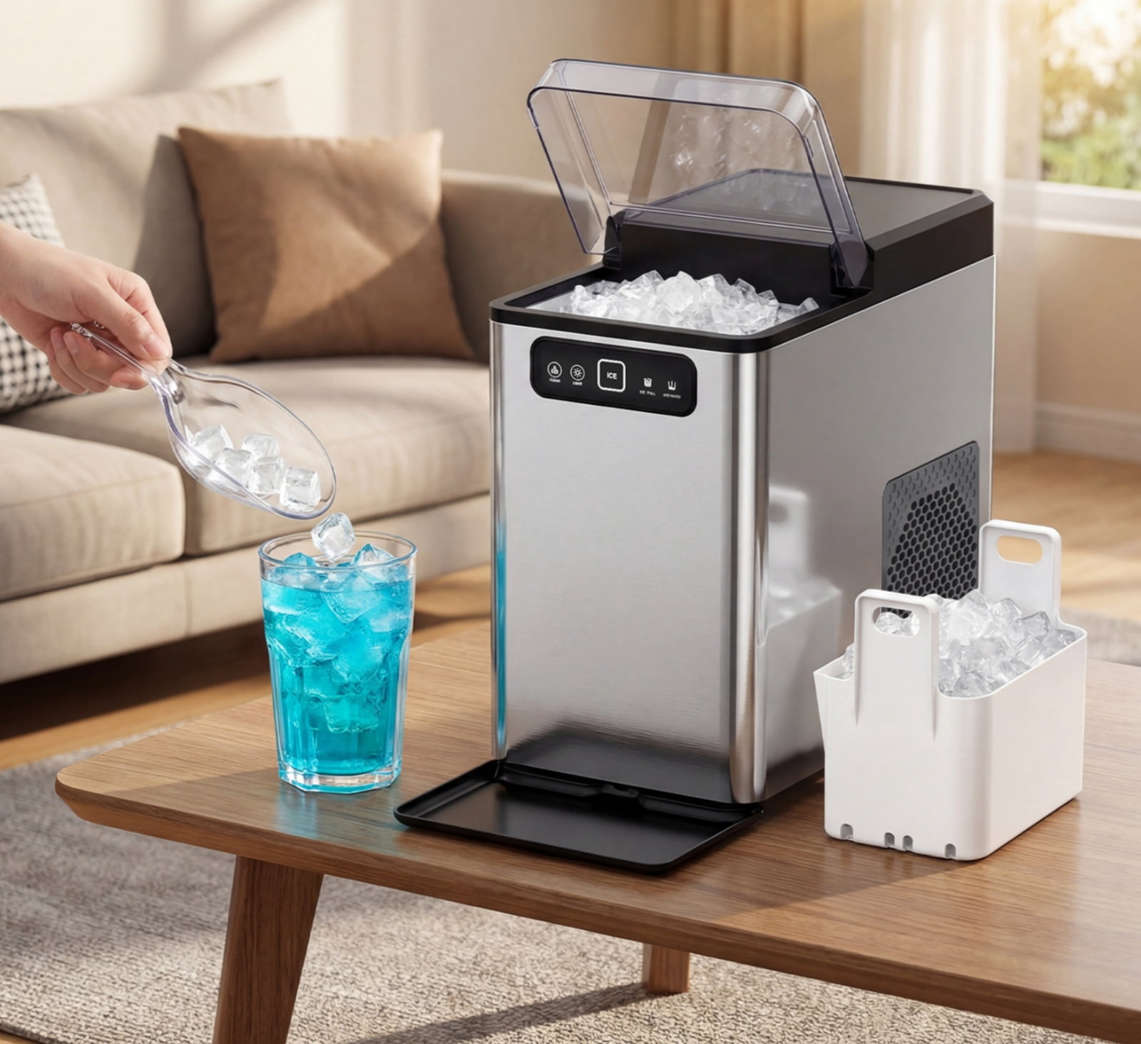 Advwin Nugget Ice Maker Countertop, 40lbs/Day Pellet Ice Machine, Self-Cleaning Portable Ice Maker with Ice Scoop & Basket, Stainless Steel, Ideal for Home, Kitchen, Office