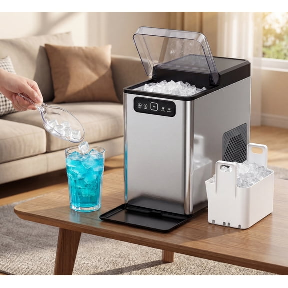 Advwin Nugget Ice Maker Countertop, 40lbs/Day Pellet Ice Machine, Self-Cleaning Portable Ice Maker with Ice Scoop & Basket, Stainless Steel, Ideal for Home, Kitchen, Office