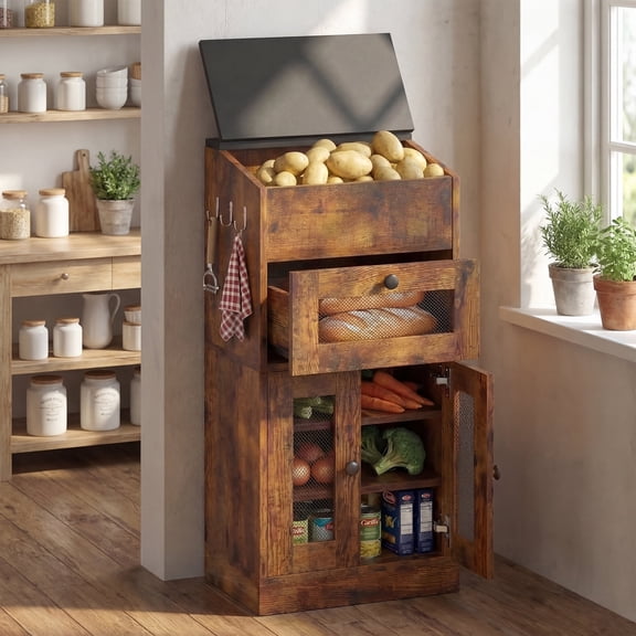 Advwin Onion and Potato Storage Bin with Lid, 16.9" Wooden Fruit & Vegetable Cabinet with Bread Box, Adjustable Shelvs, Mesh Doors & Hooks, Farmhouse Kitchen Pantry Organizer, Rustic Brown