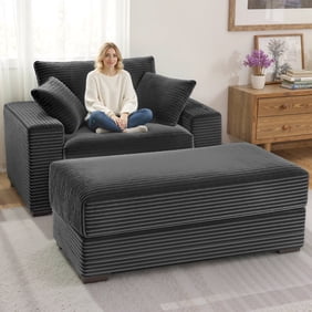 Advwin Oversized Chaise Lounge Chair with Storage Ottoman & Pillows, Modern 60-Inch Upholstered Corduroy Accent Chair Sofa for Living Room, Bedroom, Apartment, Gray