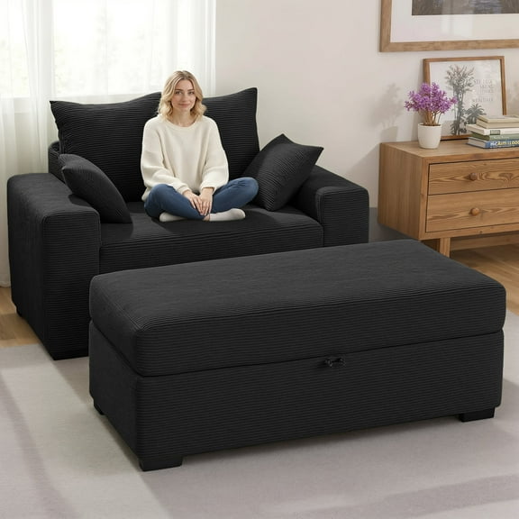 Advwin Oversized Corduroy Chaise Lounge Chair with Storage Ottoman & Pillows, 60-Inch Upholstered Accent Chair for Living Room or Bedroom, Black