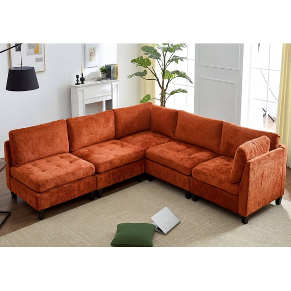 Advwin Oversized Modular Sectional Sofa, 5 Seat Plush Chenille Couch with Thick Cushions, Modern Comfy Convertible L-Shaped Sleeper Sofa for Living Room, Orange