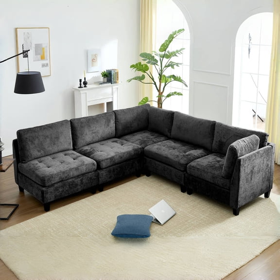 Advwin Oversized Modular Sectional Sofa, Convertible 5 Seat Plush Chenille Couch with Thick Cushions, Modern Comfy L-Shaped Sofa Sleeper for Living Room, Dark Gray