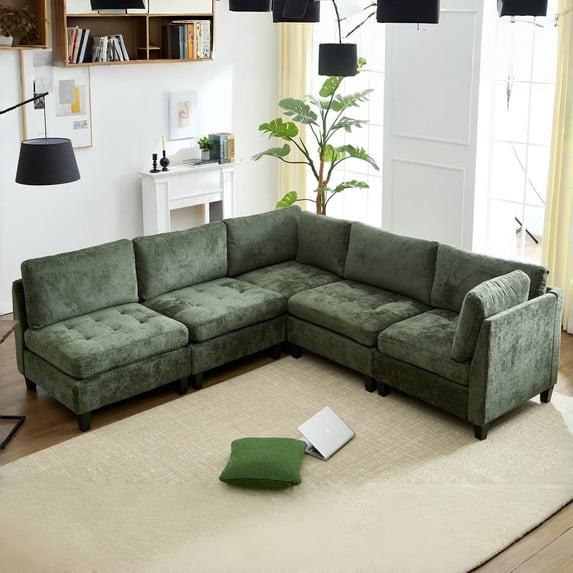Advwin Oversized Modular Sectional Sofa, Convertible 5 Seat Plush Chenille Couch with Thick Cushions, Modern Comfy L-Shaped Sofa Sleeper for Living Room, Green