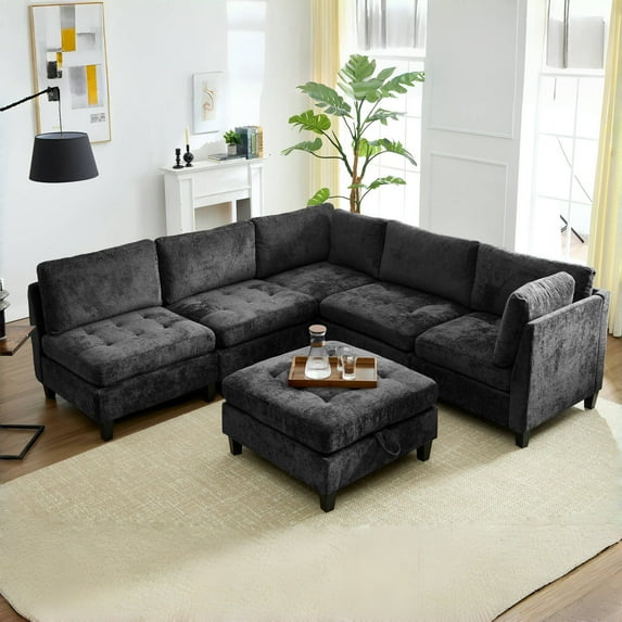 Advwin Oversized Modular Sectional Sofa, Convertible 6 Seat Plush Chenille Couch with Storage Ottoman, Modern Comfy L-Shaped Sofa Sleeper for Living Room, Dark Gray