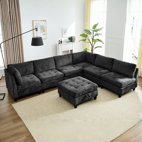 Advwin Oversized Modular Sectional Sofa, Convertible 7 Seat Plush Chenille Couch with Storage Ottoman, Modern Comfy L-Shaped Sofa Sleeper for Living Room, Dark Gray