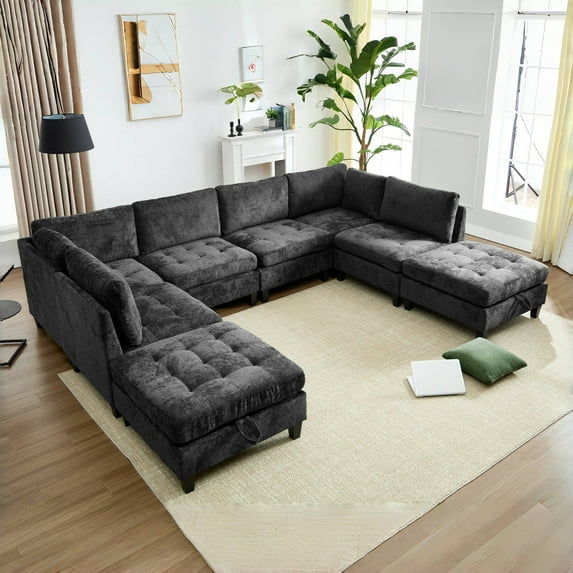 Advwin Oversized Modular Sectional Sofa, Convertible 8 Seat Plush Chenille Couch with 2 Storage Ottomans, Modern Comfy U-Shaped Sofa Sleeper for Living Room, Dark Gray