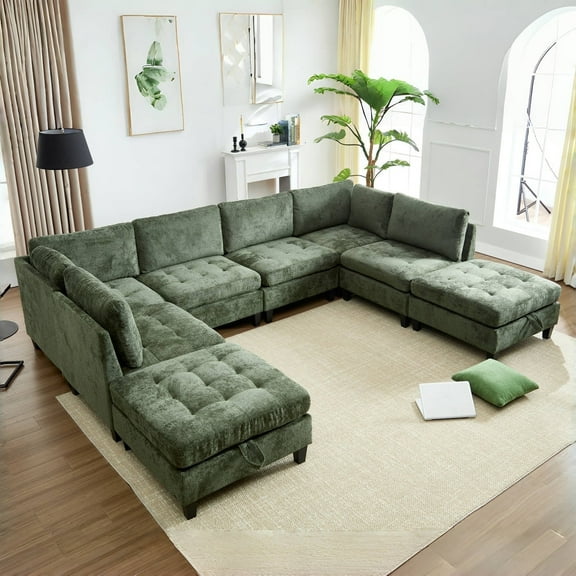 Advwin Oversized Modular Sectional Sofa, Convertible 8 Seat Plush Chenille Couch with Storage Ottomans, Modern Comfy L-Shaped Sofa Sleeper for Living Room, Green