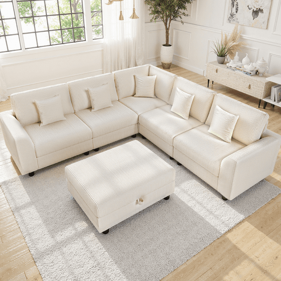 Advwin Oversized Modular Sectional Sofa with Storage Ottoman & 5 Pillows, Modern L-Shaped 6-Seater Corduroy Cloud Couch, Convertible Sleeper Sofa for Living Room, Beige