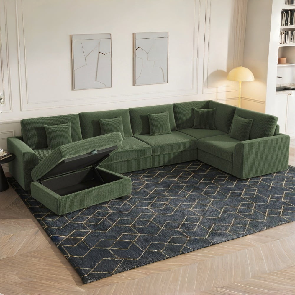 Advwin Oversized Modular Sectional Sofa with Storage Ottoman & 5 Pillows, Modern L-Shaped 6-Seater Corduroy Cloud Couch, Convertible Sleeper Sofa for Living Room, Dark Green