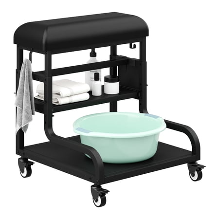 Advwin Pedicure Foot Rest with PU Cushion, 3-Level Adjustable Height, Storage & Locking Wheels, Mobile Pedicure Cart Foot Bath Trolley for Home, Spa & Salon, Black