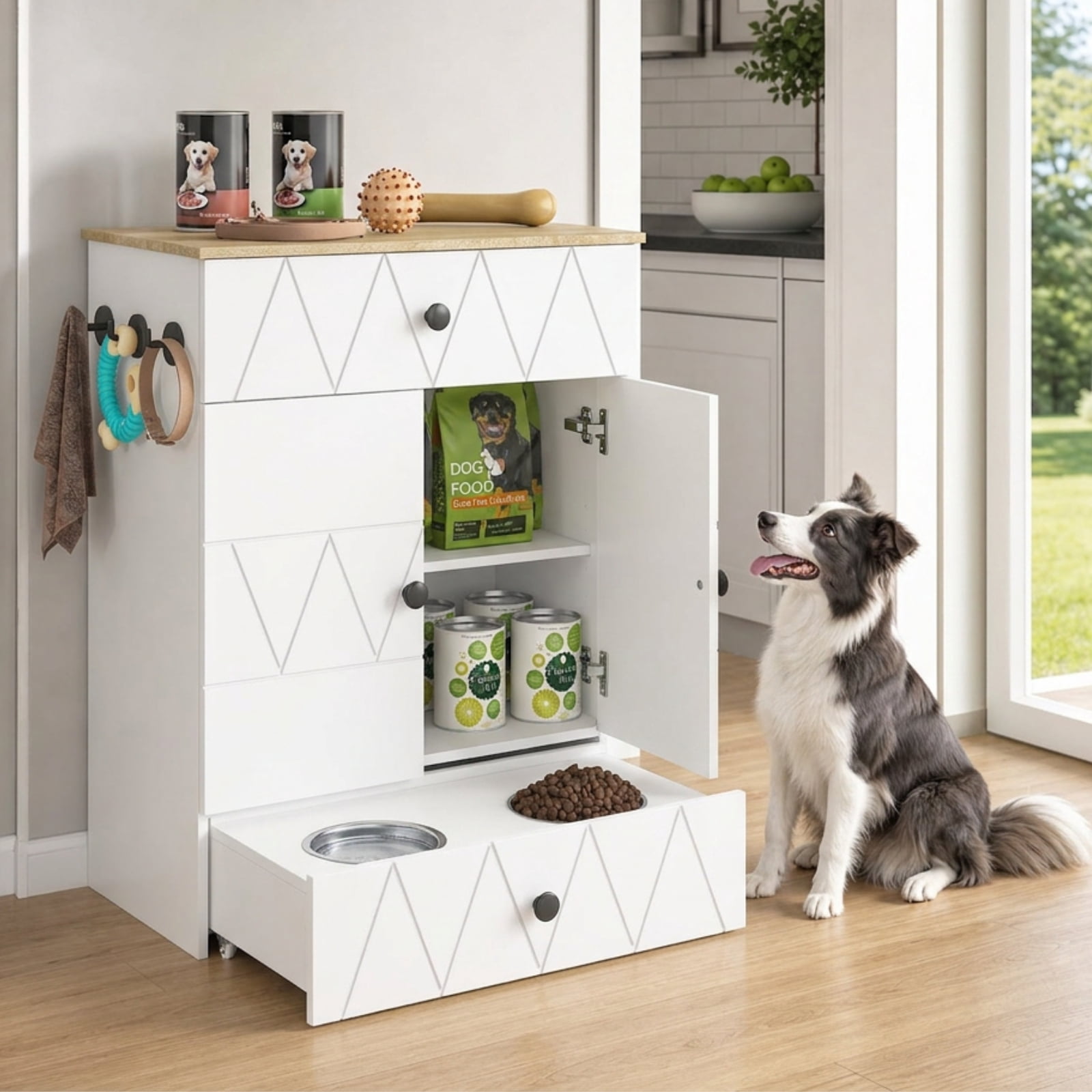 Advwin Pet Feeding Station Furniture with 2 Raised Dog Bowls, Dog & Cat Food Storage Cabinet with Drawer, Adjustable Shelves & Hooks, White