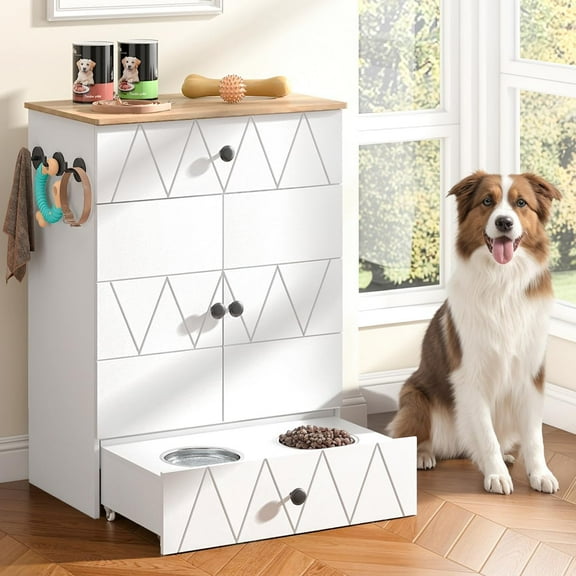 Advwin Pet Feeding Station Furniture with 2 Raised Dog Bowls, Dog & Cat Food Storage Cabinet with Drawer, Adjustable Shelves & Hooks, White
