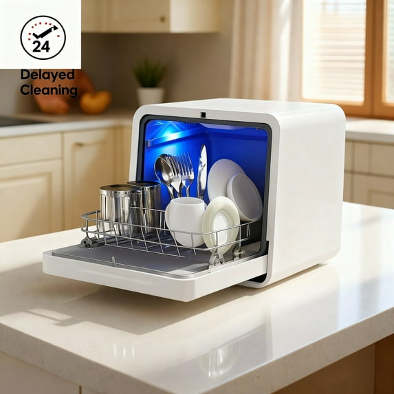 advwin countertop dishwasher with 24H delay cleaning, 7 programs, 5L tank, and 360 degree dual spray