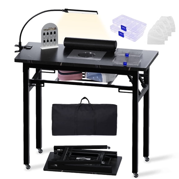 Advwin Folding Manicure Table with Dust Collector, Rolling Nail Desk w/ LED Lamp, Wrist Rest & Carrying Bag, Portable Nail Tech Workstation for Home & Salon, Black Marble