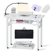 Advwin Folding Manicure Nail Table w/ Dust Collector, LED Lamp, Wrist Cushion, Carrying Case & Rolling Wheels, Portable Nail Tech Desk Mobile Nail Workstation, White Marble