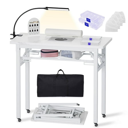Advwin Folding Manicure Nail Table w/ Dust Collector, LED Lamp, Wrist Cushion, Carrying Case & Rolling Wheels, Portable Nail Tech Desk Mobile Nail Workstation, White Marble